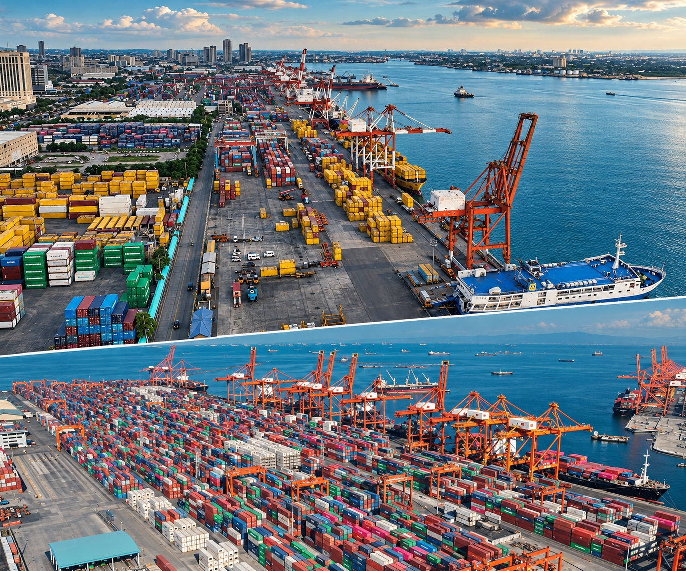 Collage of Cebu Port above and Manila International Container Terminal below